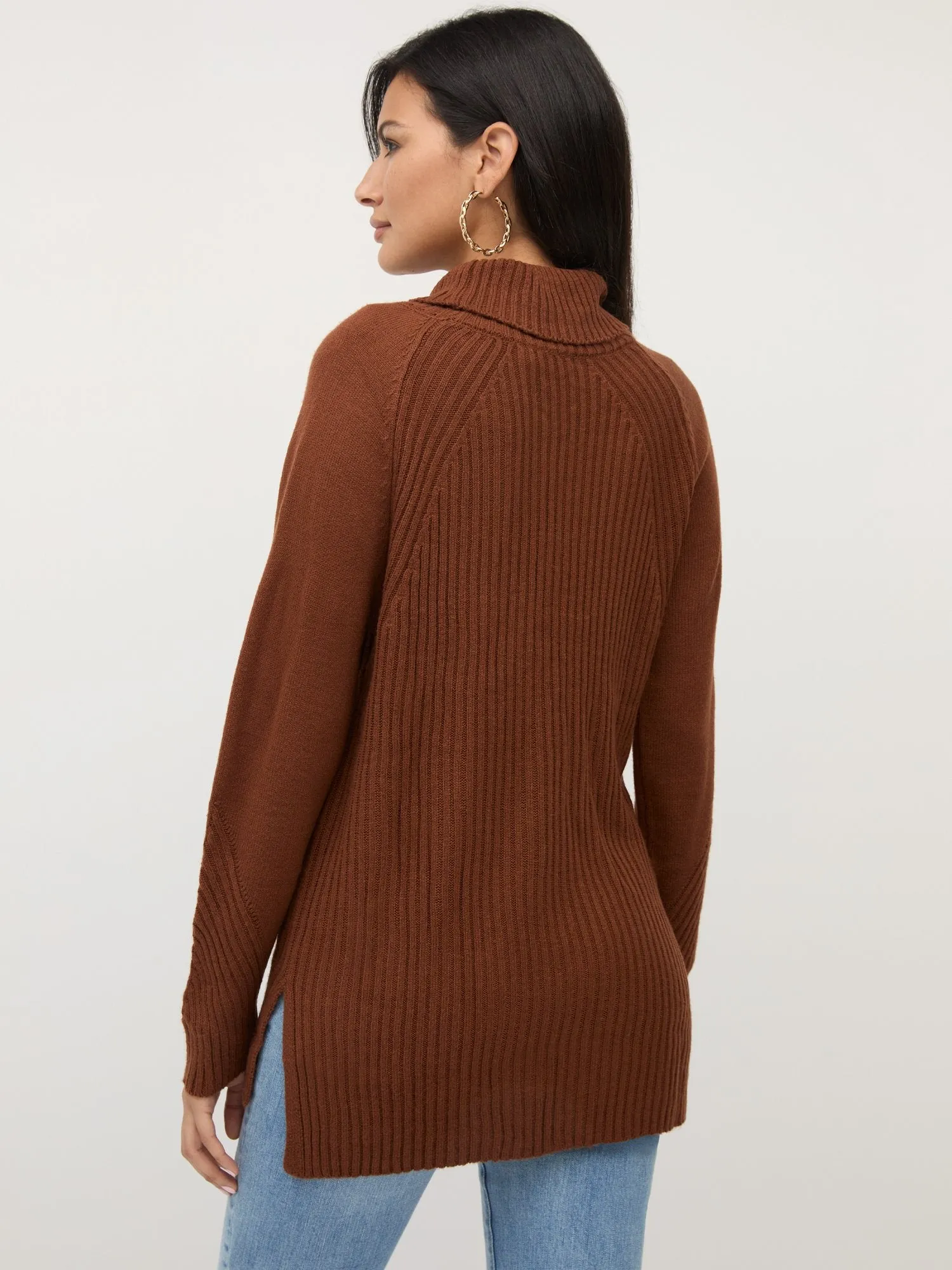 Ribbed High-Low Turtleneck Tunic Sweater