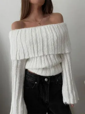 Ribbed Knit Overfold Trendy Off Shoulder Knit Top