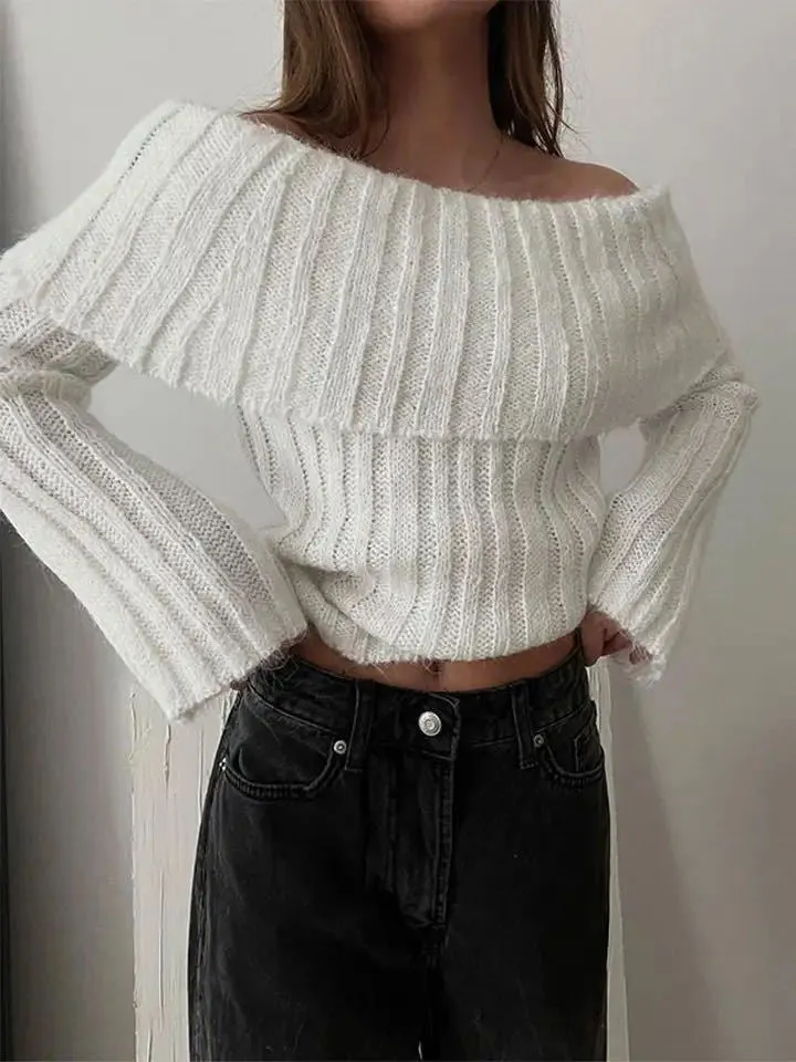 Ribbed Knit Overfold Trendy Off Shoulder Knit Top