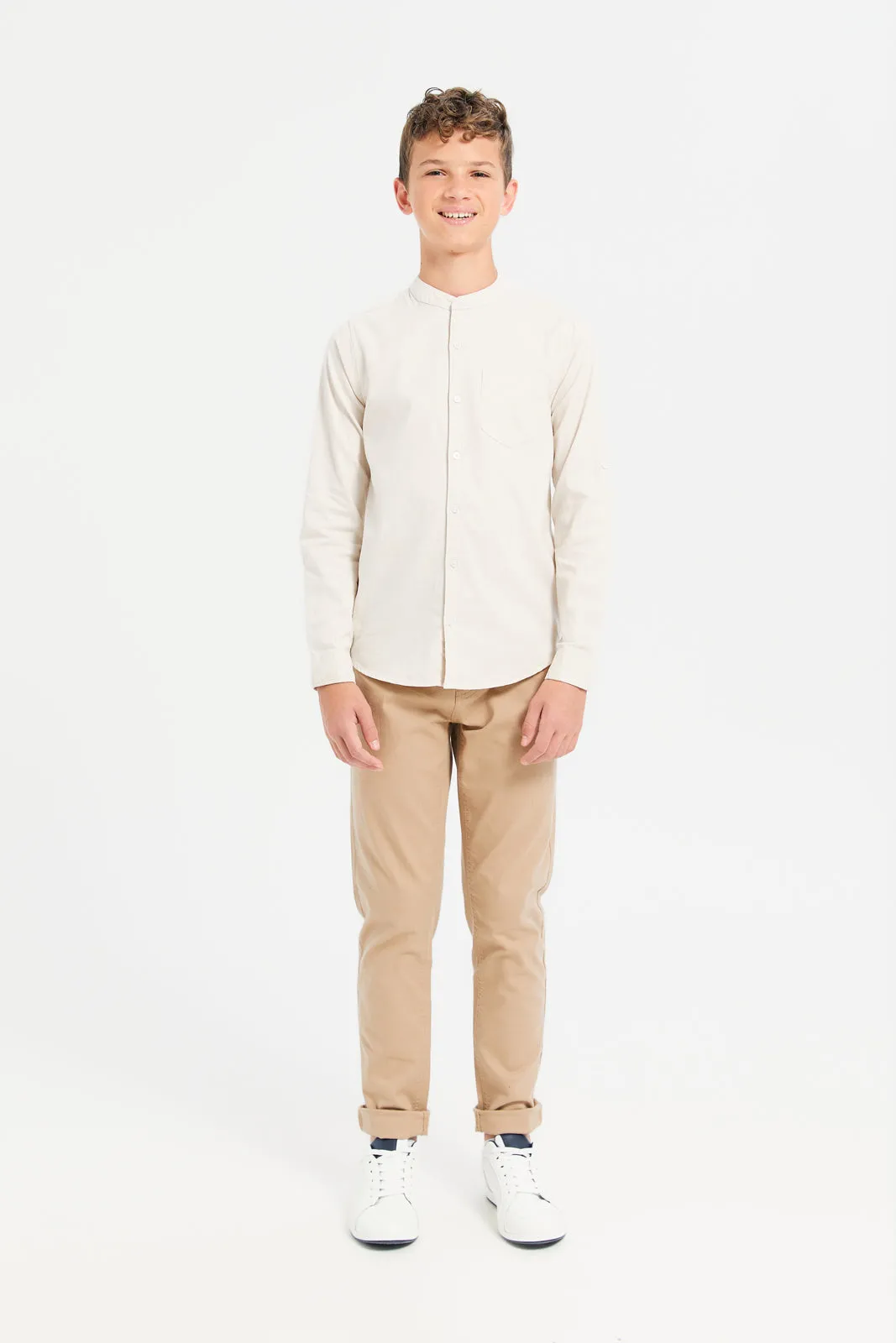 Senior Boys Beige Mandarin Collar Long Sleeve Shirt