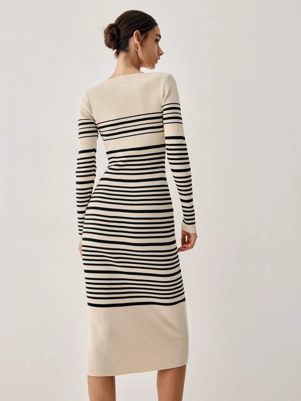 Stripe Long Sleeve Trendy Midi Sweater Dress