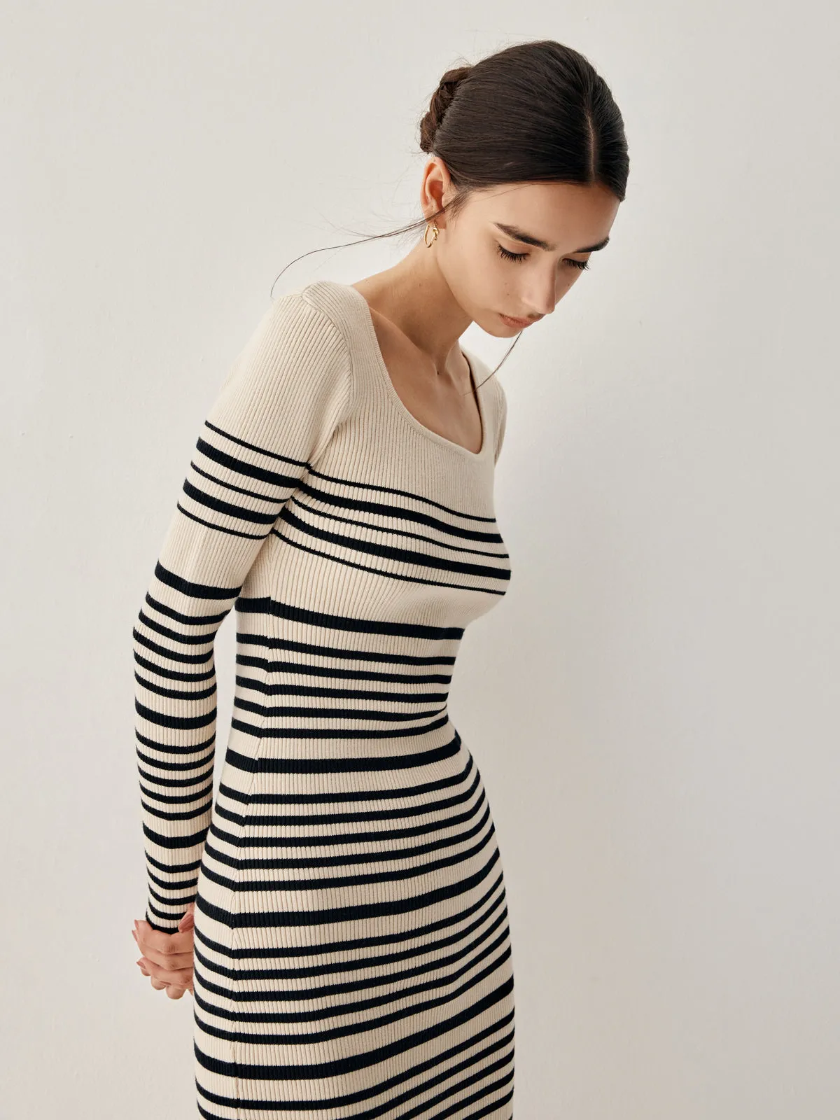 Stripe Long Sleeve Trendy Midi Sweater Dress