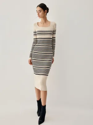 Stripe Long Sleeve Trendy Midi Sweater Dress