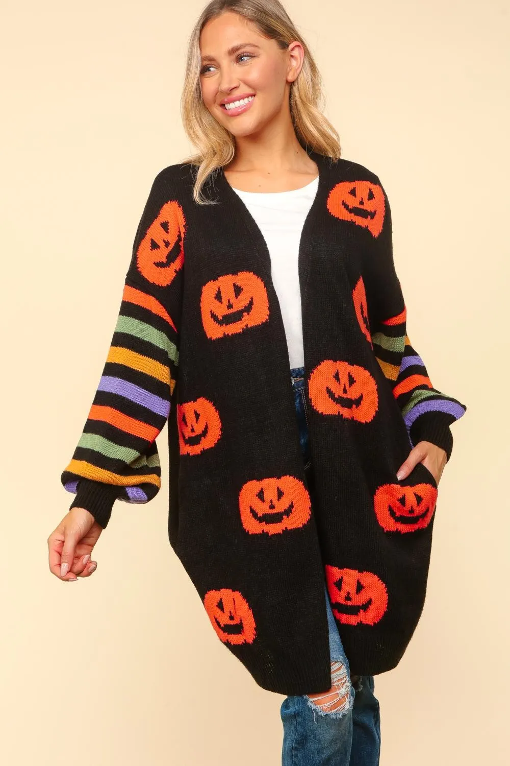 Stripe Sleeve Pumpkin Jacquard Cardigan