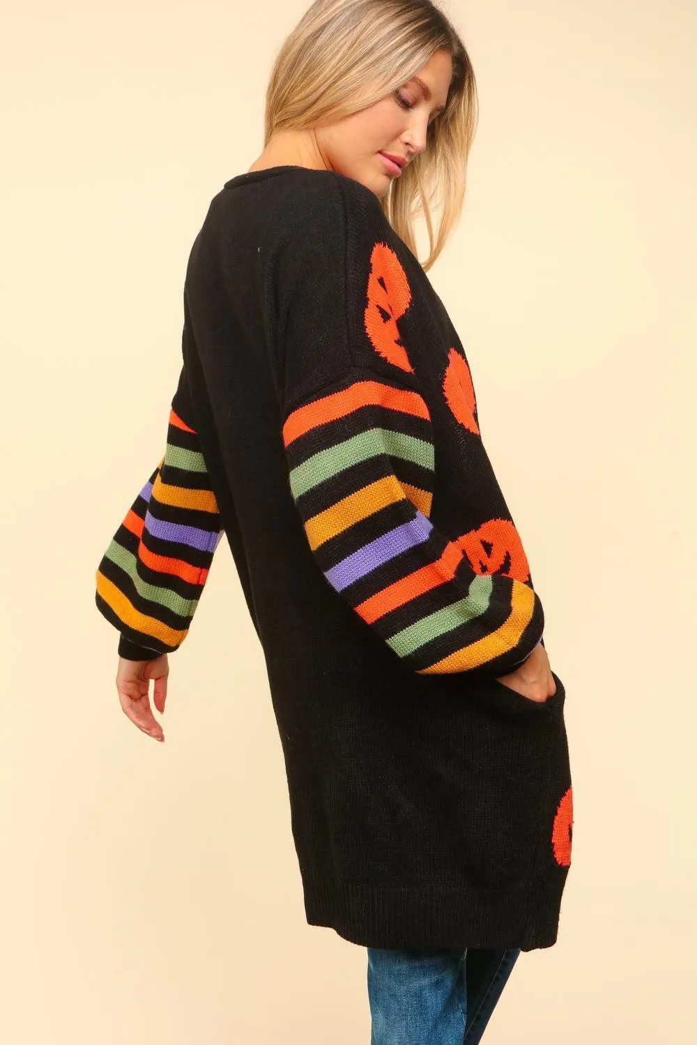 Stripe Sleeve Pumpkin Jacquard Cardigan