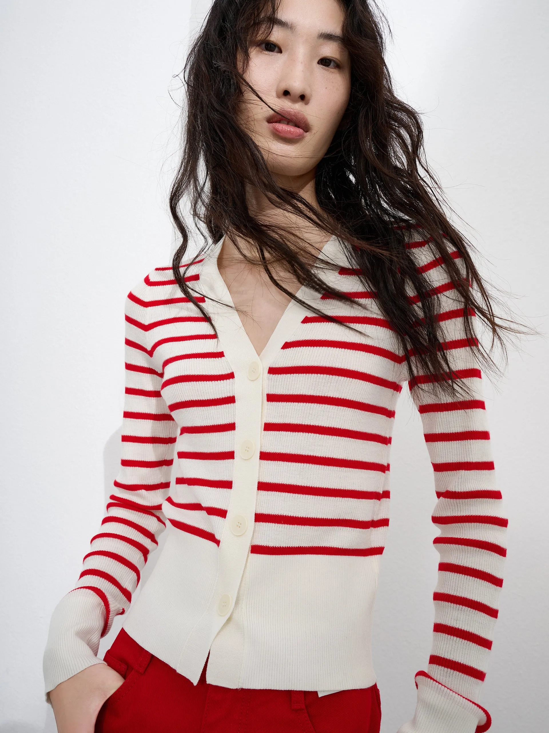 Striped V Neck Wool Cardigan