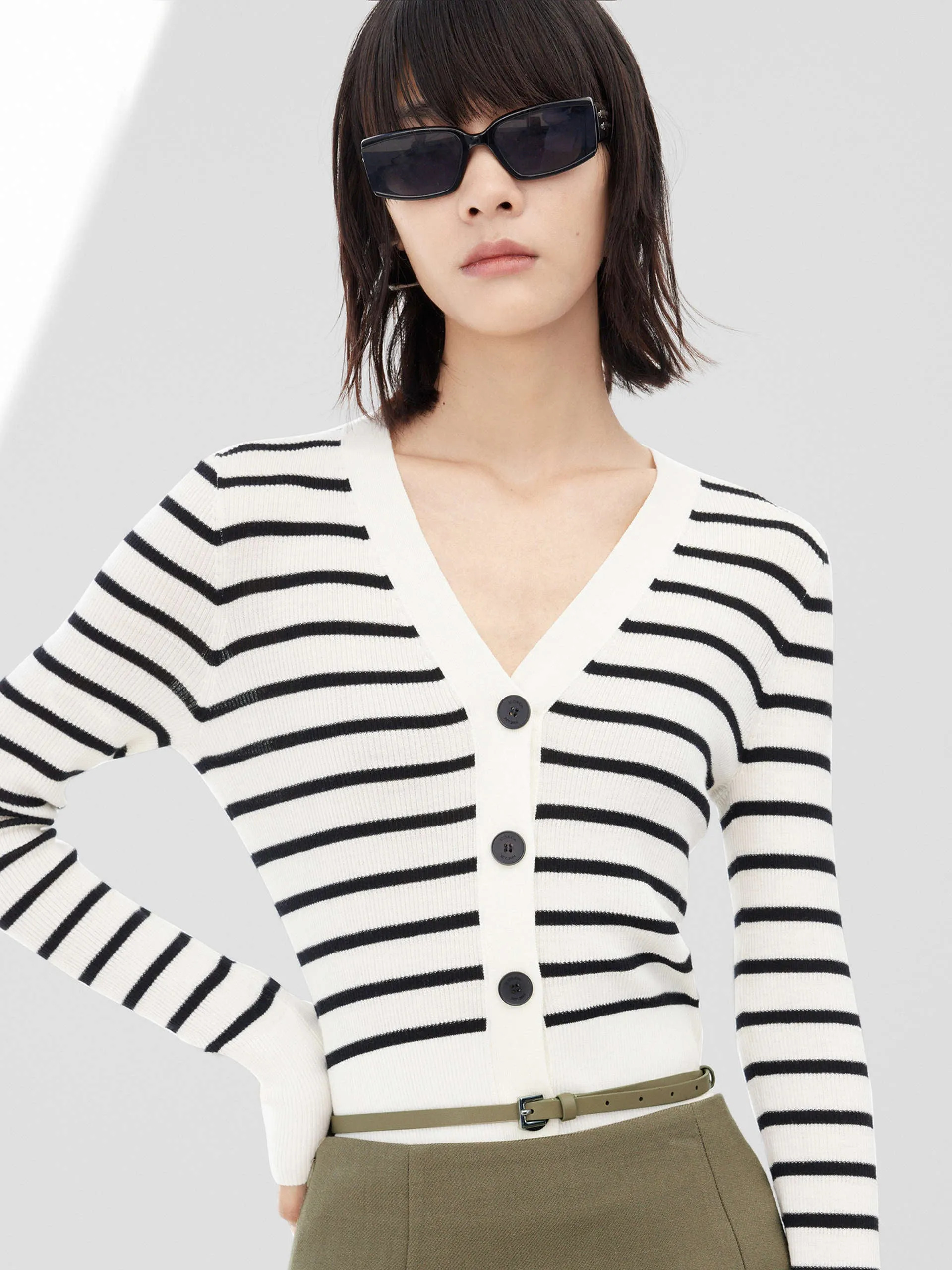 Striped V Neck Wool Cardigan