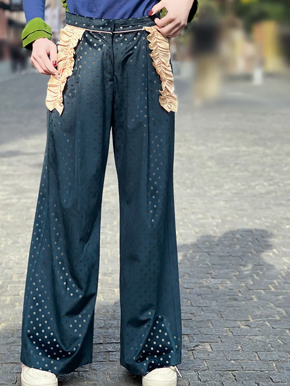 Surprise Sale! Teal Dots Ruffle Trimmed Pocket Wide Leg Velvet Trousers