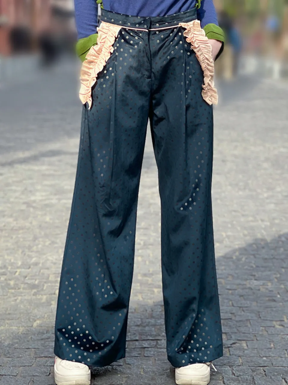 Surprise Sale! Teal Dots Ruffle Trimmed Pocket Wide Leg Velvet Trousers