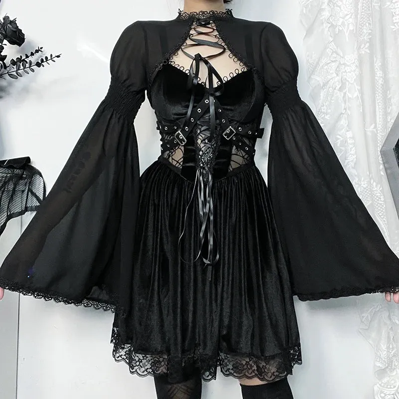 Trendy slim flare-design gothic dark bow-embellished lace party Cardigans