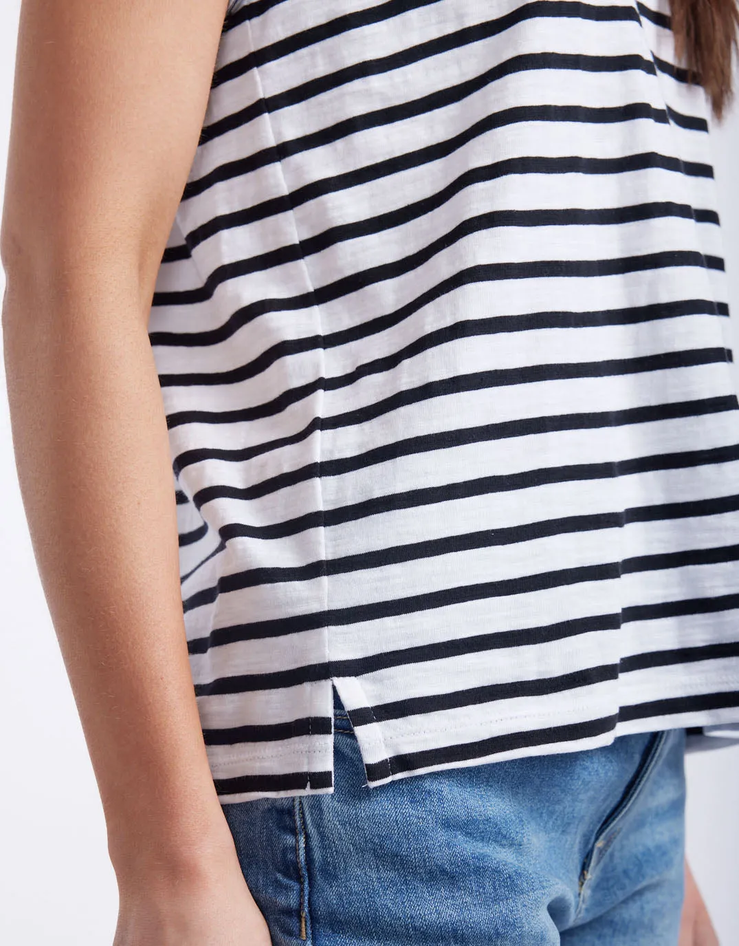 Turn Back V Neck T-Shirt - White/Black Stripe