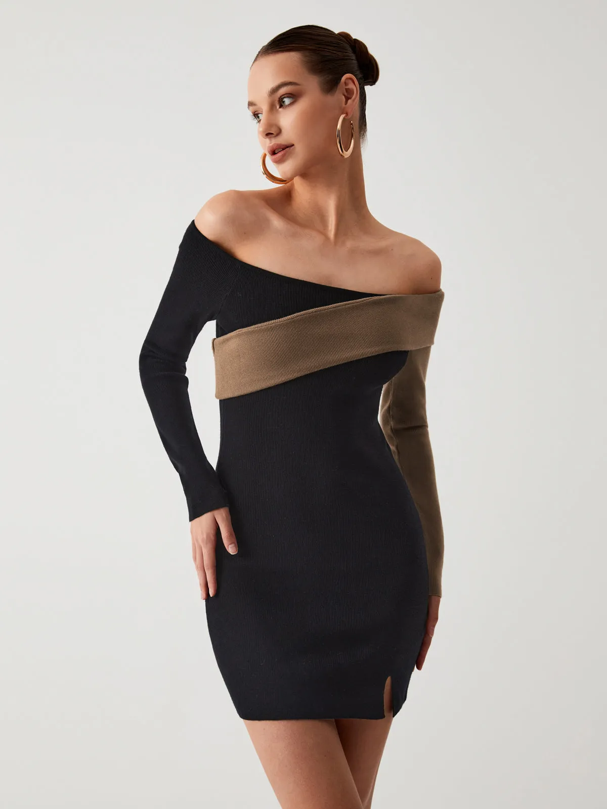 Two Tone Asymmetric Trendy Sleeve Short Sweater Dress