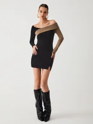 Two Tone Asymmetric Trendy Sleeve Short Sweater Dress