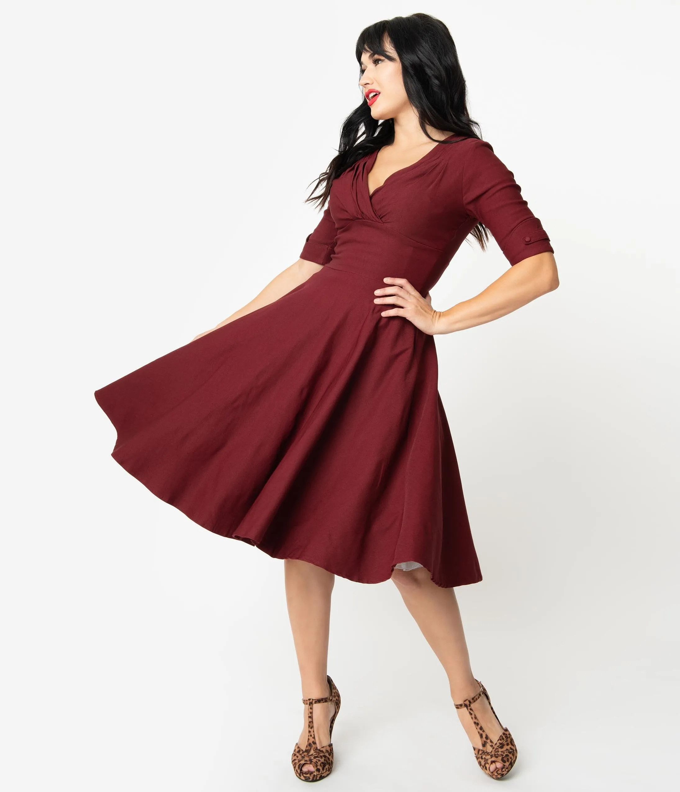 Unique Vintage 1950s Burgundy Red Delores Swing Dress with Sleeves