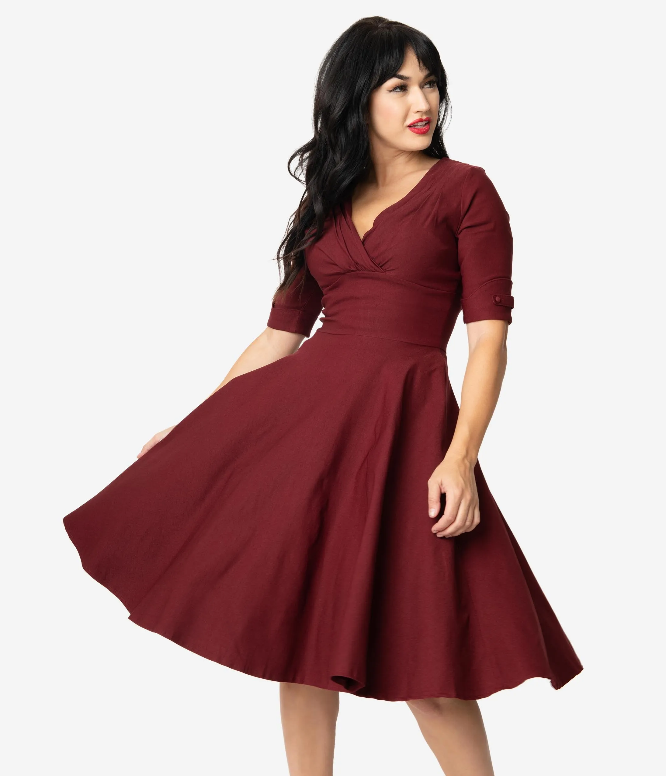 Unique Vintage 1950s Burgundy Red Delores Swing Dress with Sleeves