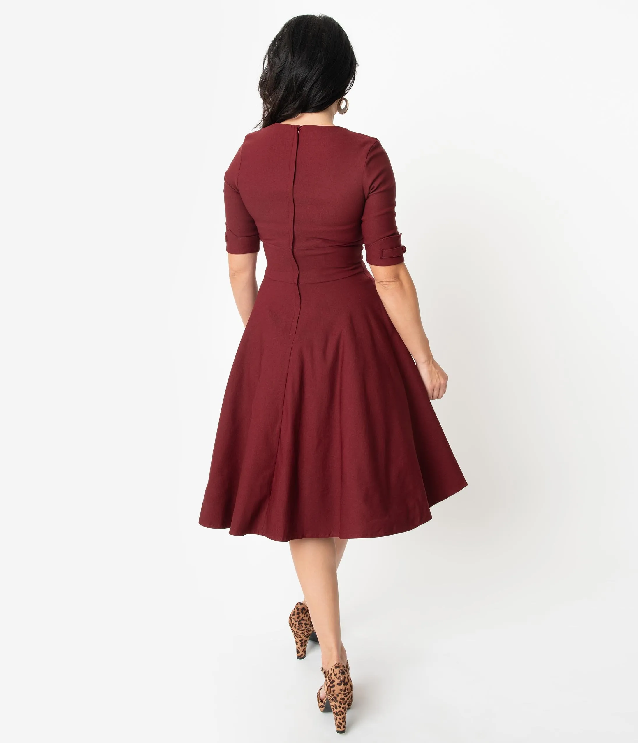 Unique Vintage 1950s Burgundy Red Delores Swing Dress with Sleeves