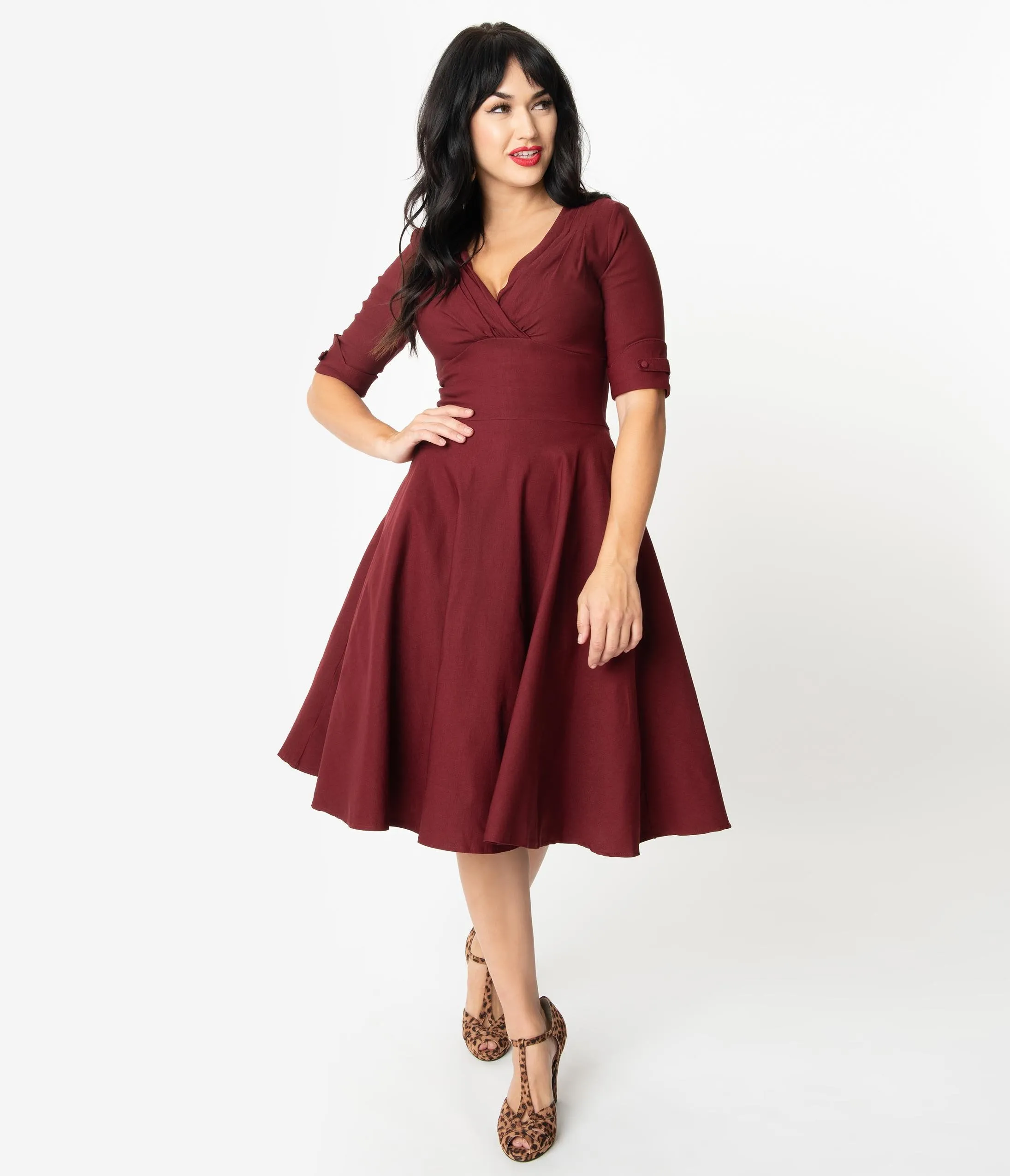 Unique Vintage 1950s Burgundy Red Delores Swing Dress with Sleeves