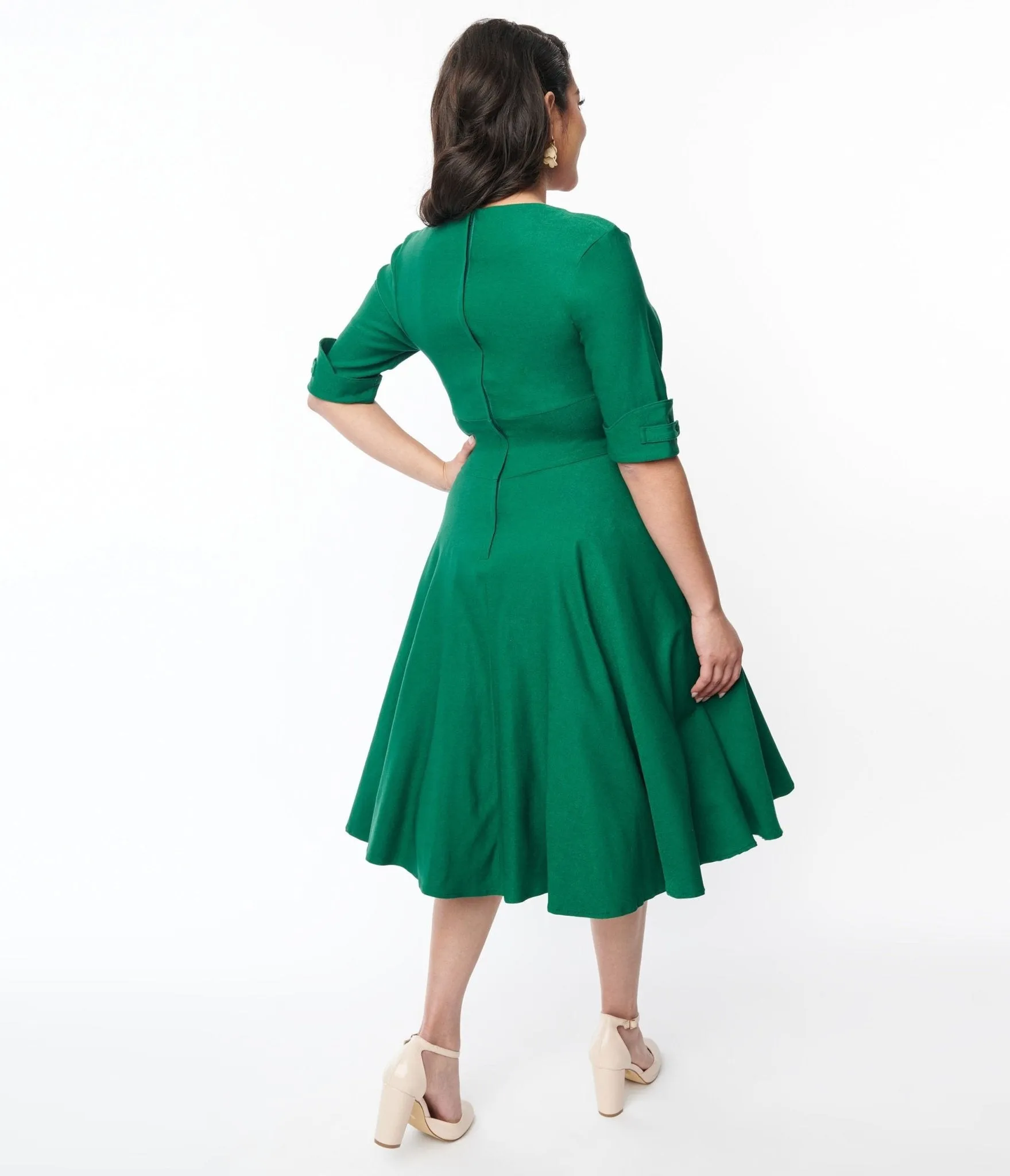 Unique Vintage Emerald Green Delores Swing Dress with Sleeves