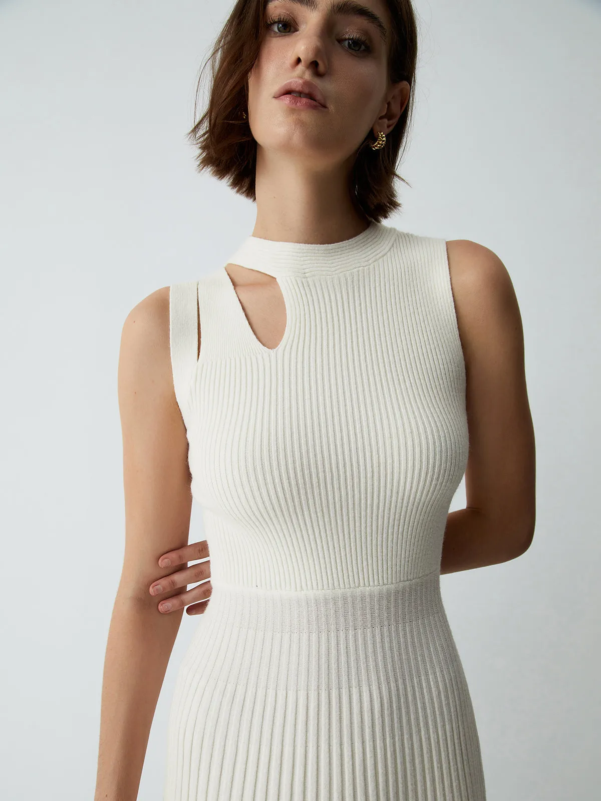 Vanilla Cutout Rib Trendy Midi Sweater Dress