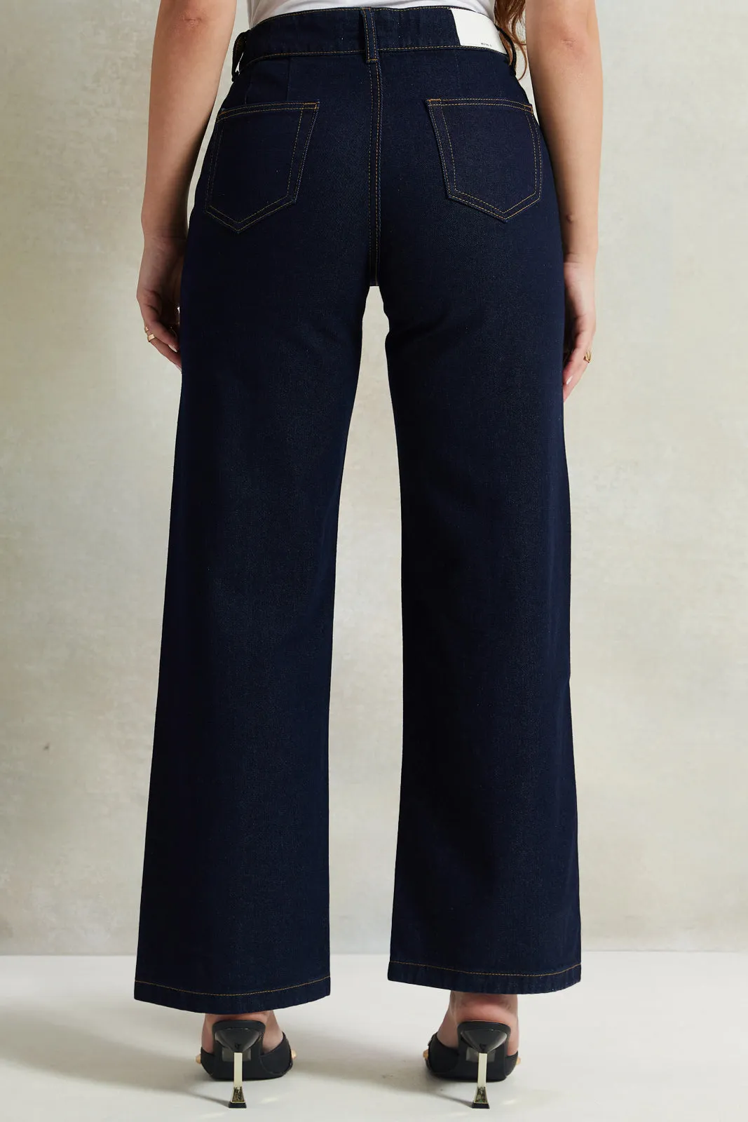 Women Navy Wide Leg Front Seam Jeans