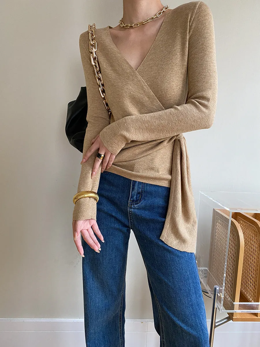 Wrap V-neck Long Trendy Sleeve Tie Knit Top