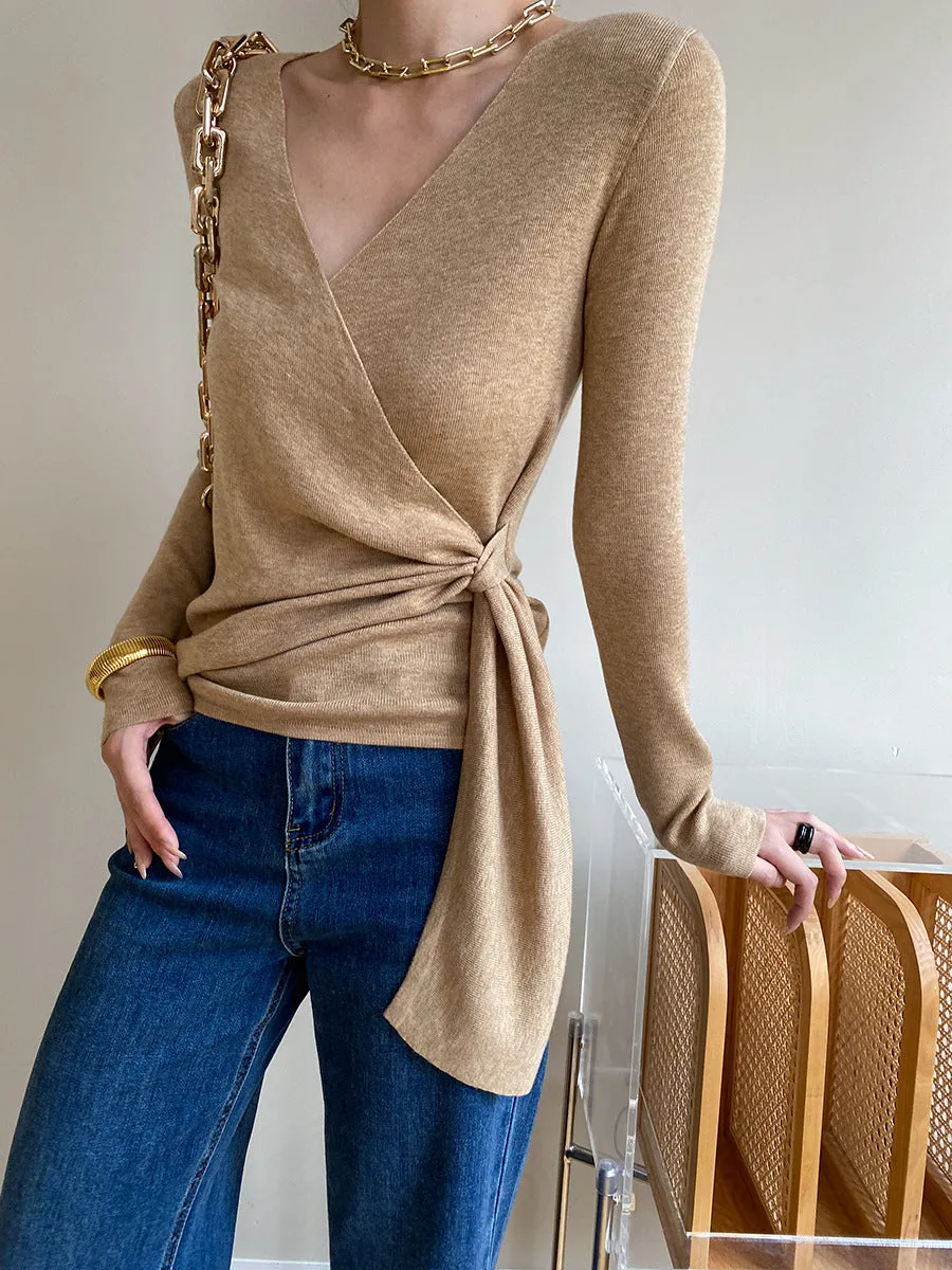 Wrap V-neck Long Trendy Sleeve Tie Knit Top