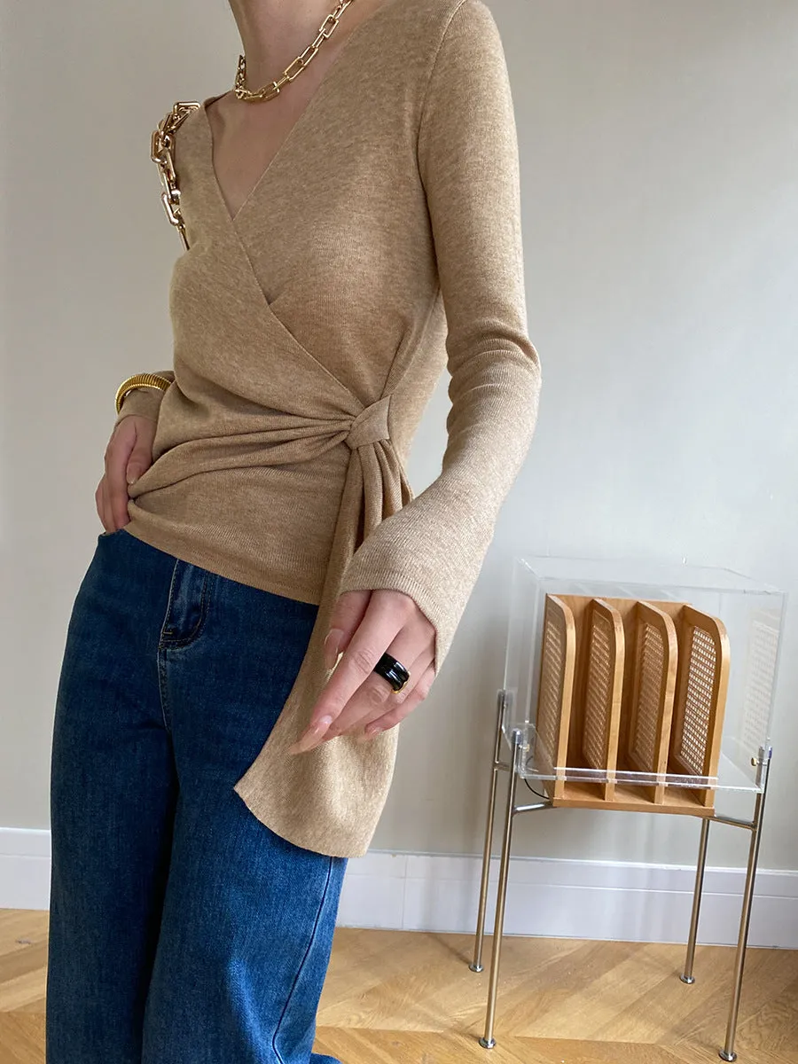 Wrap V-neck Long Trendy Sleeve Tie Knit Top