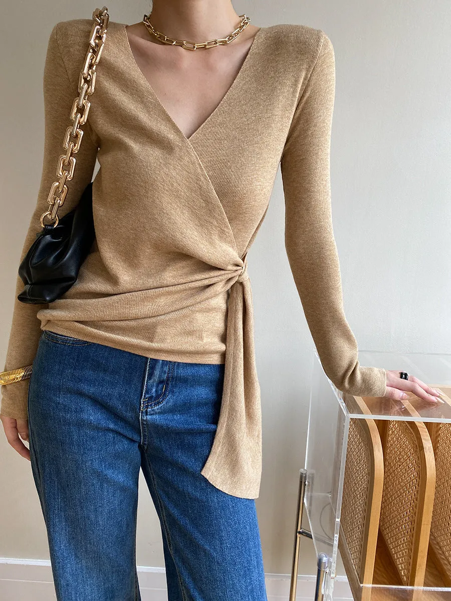 Wrap V-neck Long Trendy Sleeve Tie Knit Top