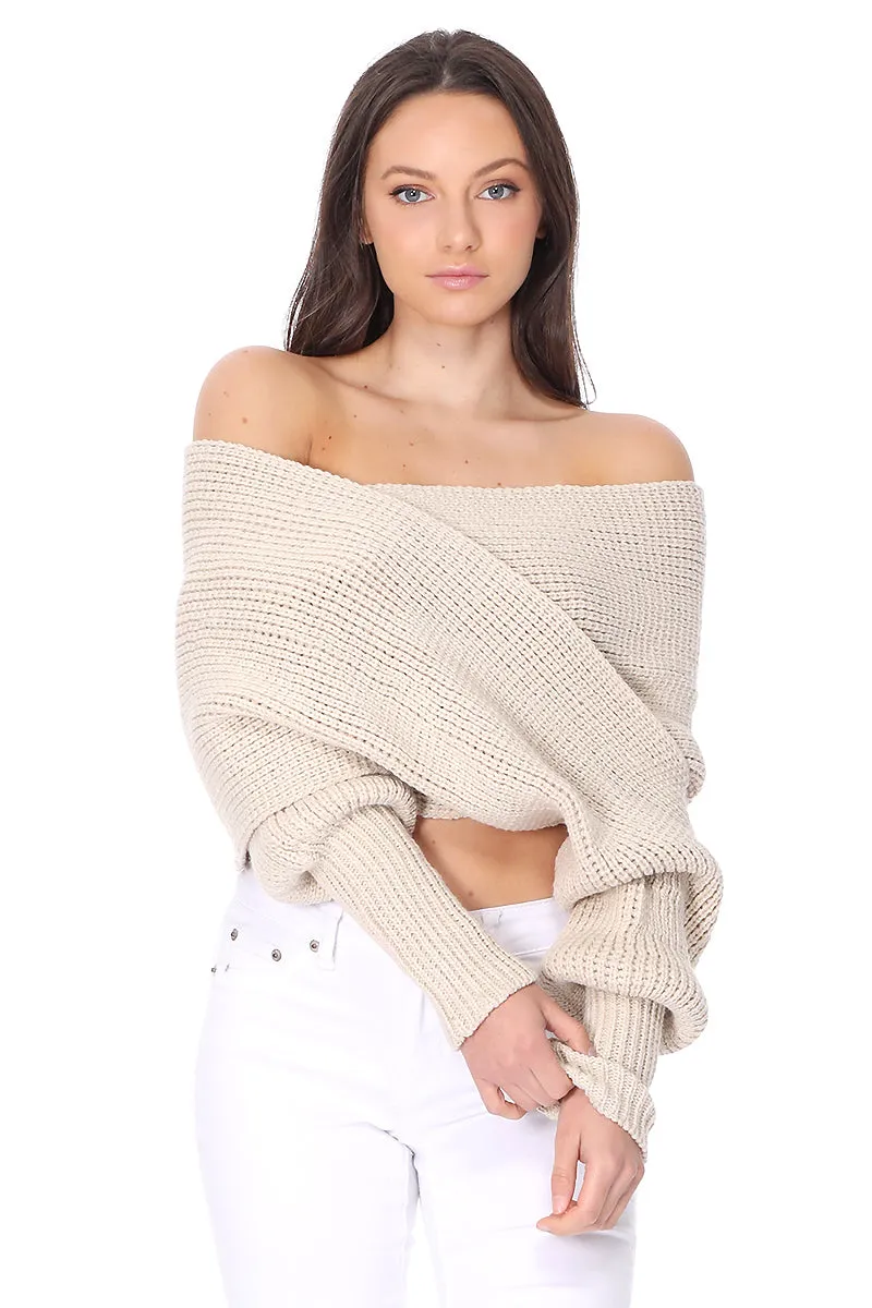 YEMAK Sexy Off The Shoulder Long Sleeve Wrap Sweater Shawl With Sleeve KC003