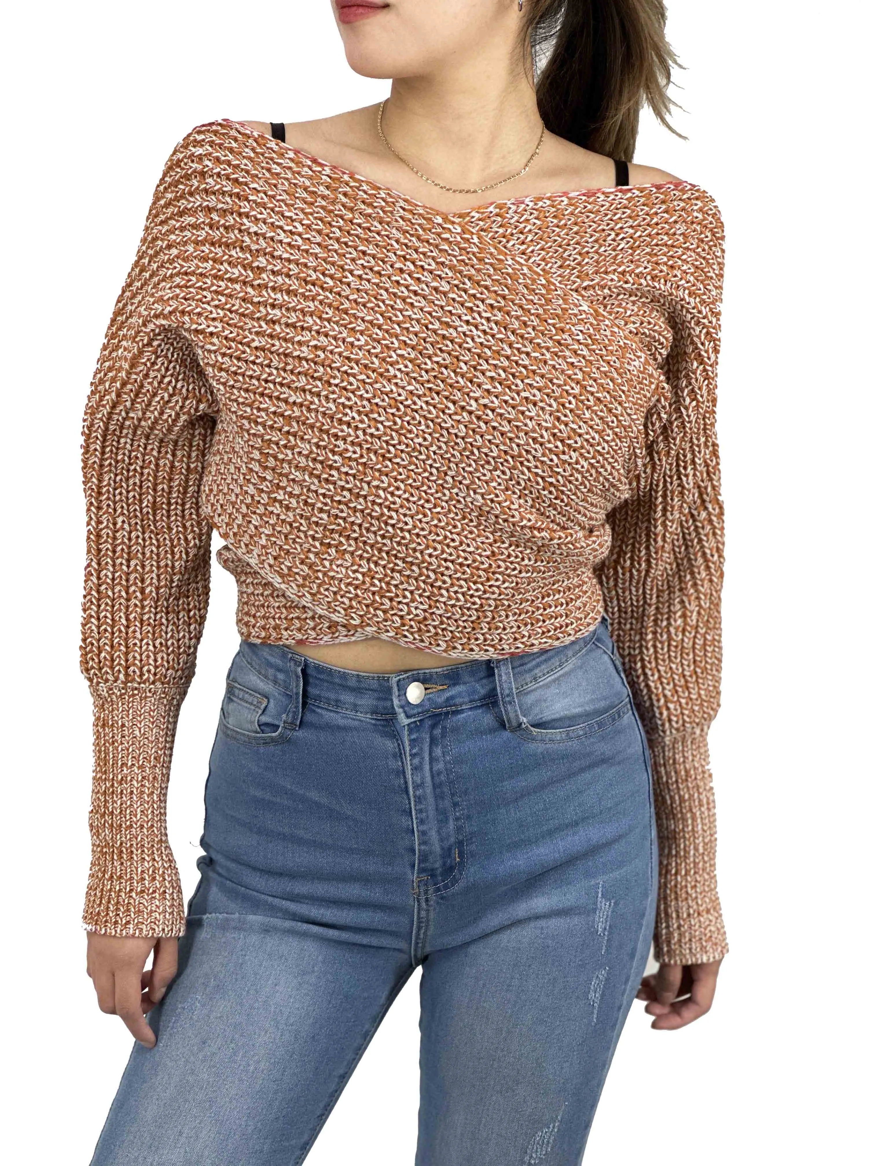 YEMAK Sexy Off The Shoulder Long Sleeve Wrap Sweater Shawl With Sleeve KC003